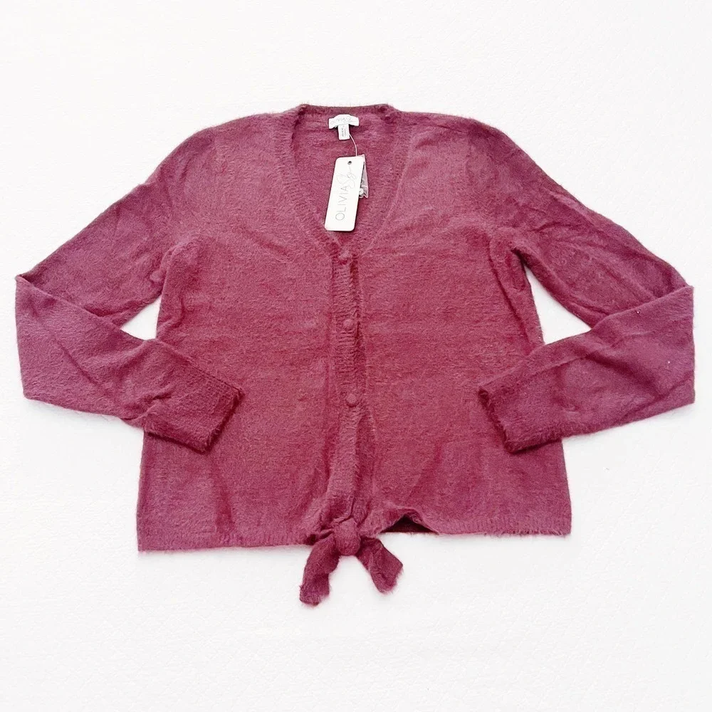 Olivia Sky Burgundy Sweater Button Down Knot Tie SZ S